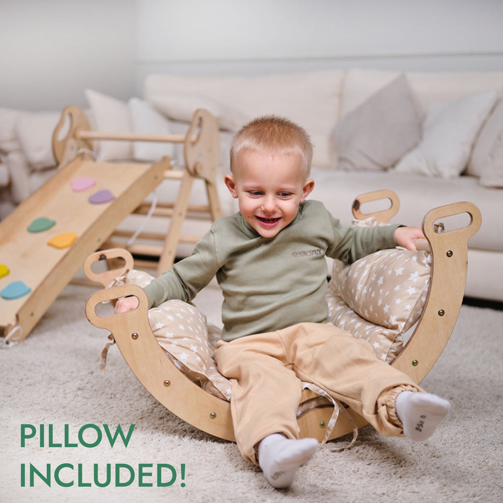 4-in-1 Kletterset für Kleinkinder: Pikler-Dreieck + Kletterbogen + Rutschbrett + Kissen - “Gebraucht – Wie neu”