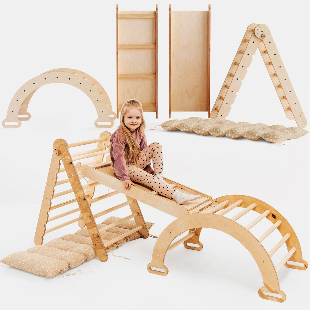 4in1 Montessori Klettergerüst Set: Kletterdreieck mit Rutsche, Kletterbogen mit Kissen, für Kinder 1-7 Jahre – Beige