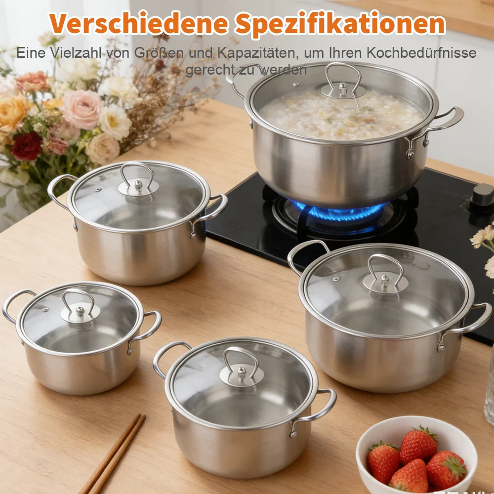 Edelstahl-Kochtopf Explosionsgeschützter Kochtopf Küchen-Kochgeschirr-Set Europäischer Stil Doppelgriff-Suppentopf Mit Glasdeckel