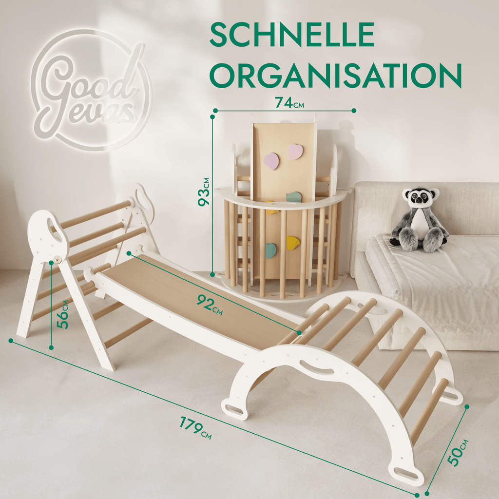 4-in-1 Kletterset für Kleinkinder: Pikler-Dreieck + Kletterbogen + Rutschbrett + Kissen - “Gebraucht – Wie neu”